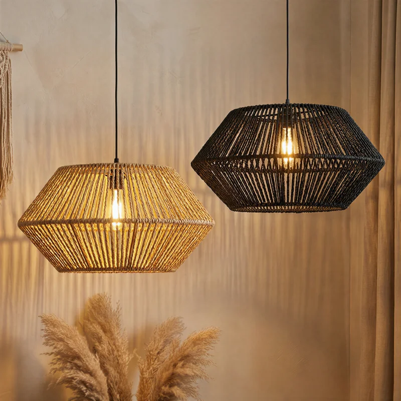 Woven Rattan Lamp Shade, Diamond Hexagonal Pendant Light Cover, Boho Decor for Bedroom Living Room