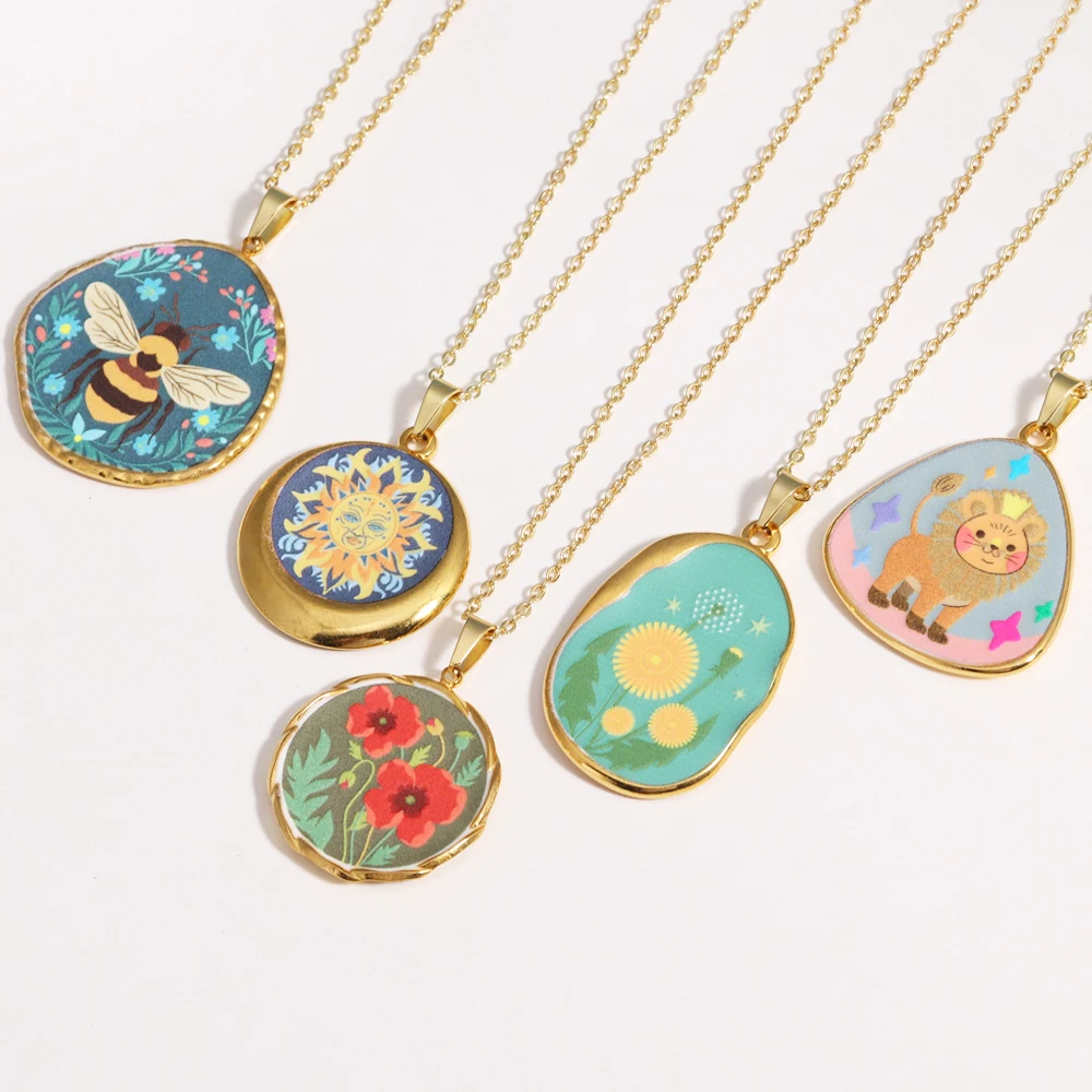 316L Edelstahl Bunte Blume Tier Biene Gedruckt Anhänger Halskette für Frauen Mädchen Vintage Französisch Zarte Schmuck Geschenke