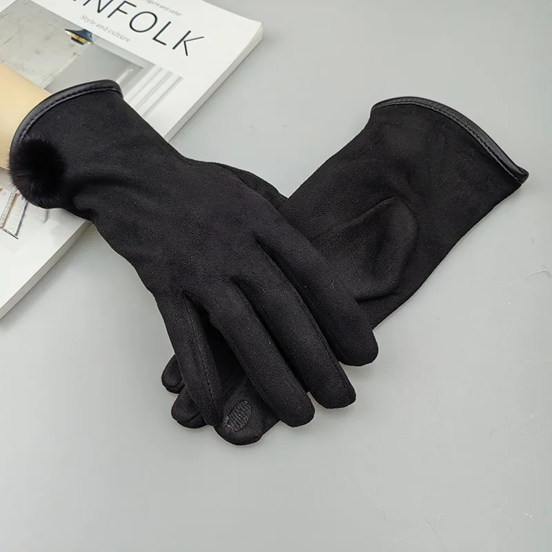 Guantes cálidos para mujer, manoplas coreanas con pantalla táctil de cuero de gamuza, Bola de Pelo, ciclismo, terciopelo grueso, a prueba de viento, mitones de conducción, Otoño e Invierno