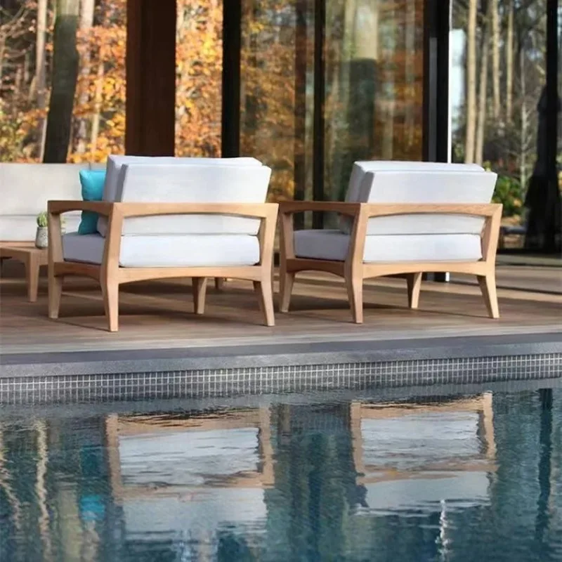#Modern Teak Wood Outdoor Sectional Sofa Set Modular Eco-Friendly Durable Quick-Dry Waterproof Cushions for Garden Courtyard Use