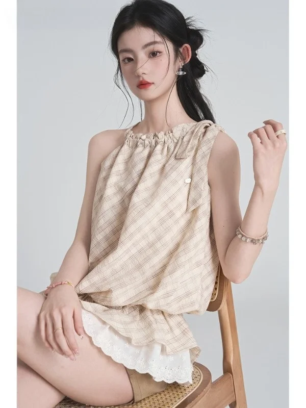 

Женская юбка-комбинация больших размеров с кружевным подолом в клетку, повседневный многослойный топ, летний, дышащий, удобный, в корейском стиле, свободного кроя