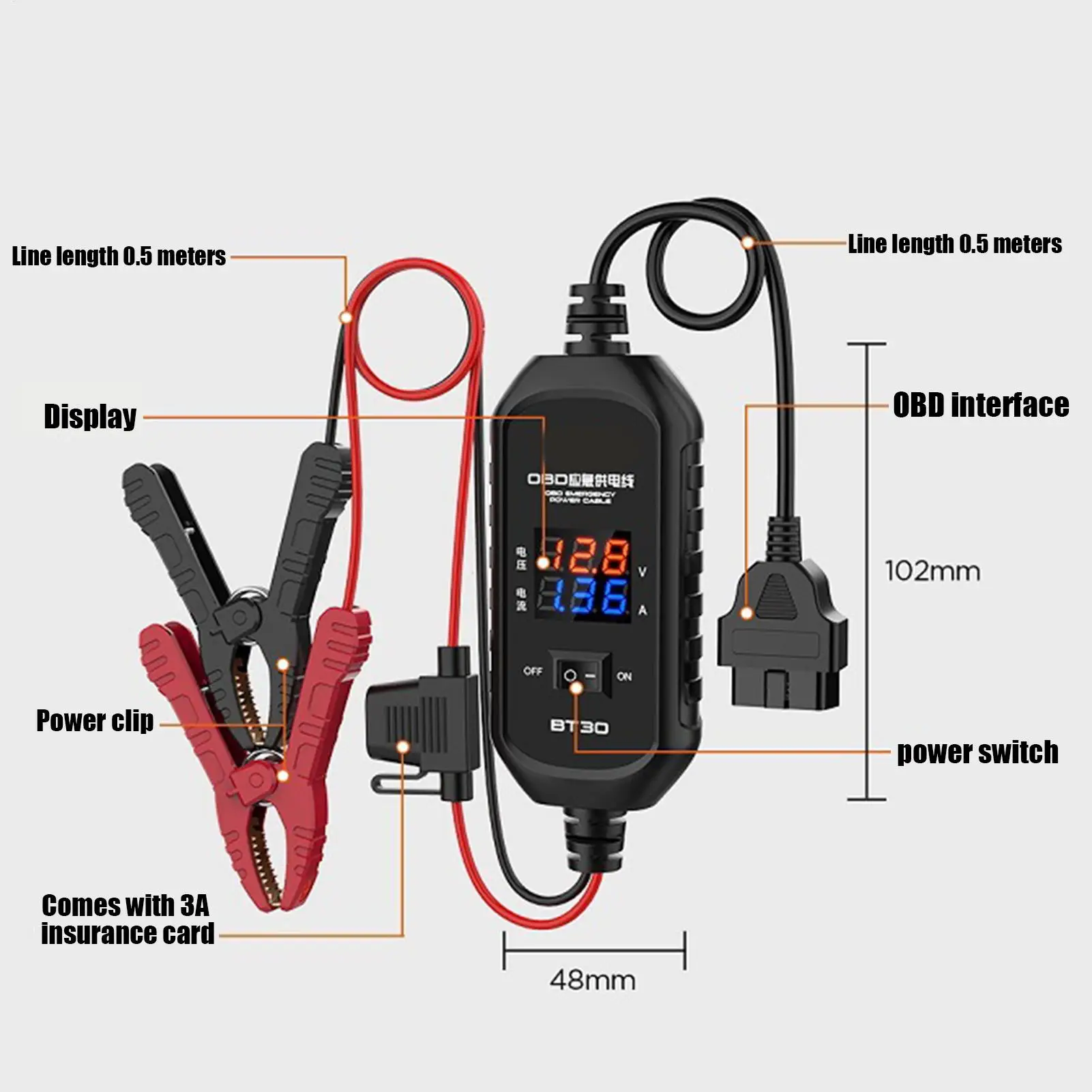 

BT30 Автомобильный OBD Кабель аварийного питания Разъем ЭБУ Экономия батареи Автоматический ЭБУ Экономия памяти Обнаружение утечки
