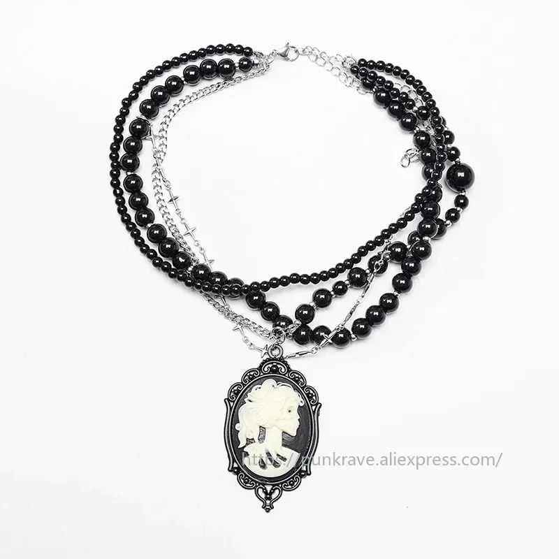 PUNK RAVE Women's Goth Skull Cameo Pendants Cross Multi Layers Necklace Exquisite Glass Bead Chains Party Club Accessories view 5