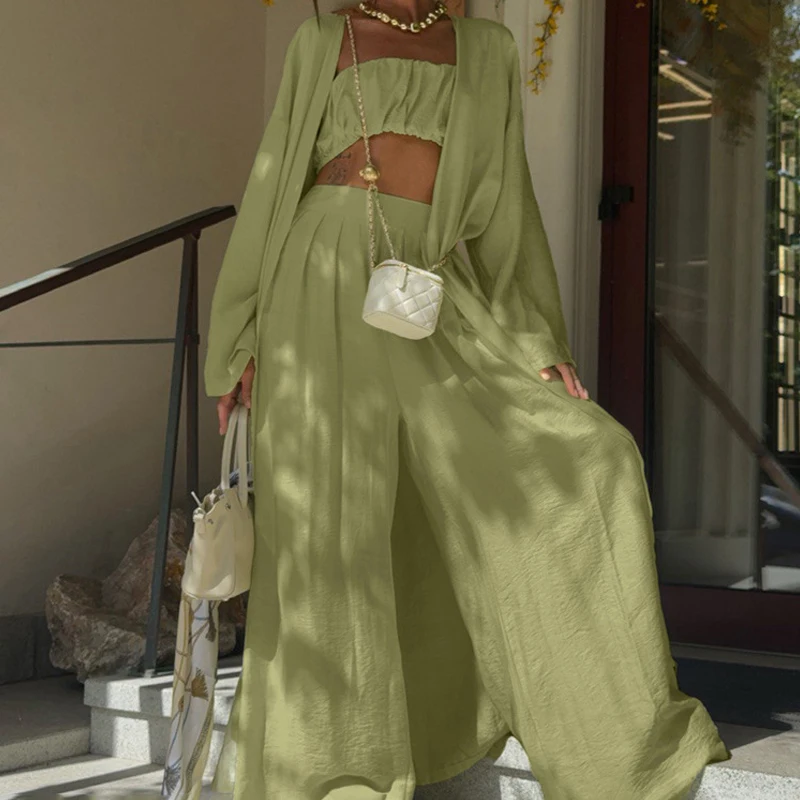 

Woman Sexy Strapless Vest Solid Loose Outfits Casual Long Sleeve Cardigan & Pant Suit Elegant High Waist Wide Pants 3 Pieces Set
