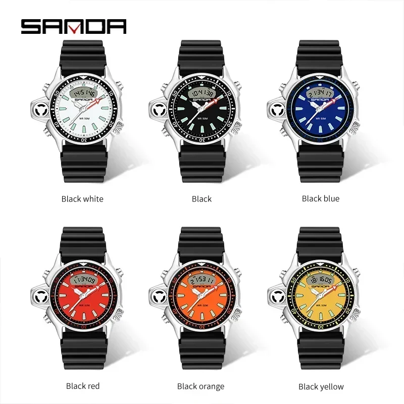 SANDA Men's Fashion LED Digital Quartz Watch Dual Display Outdoor Casual Sport Waterproof Military Wristwatch