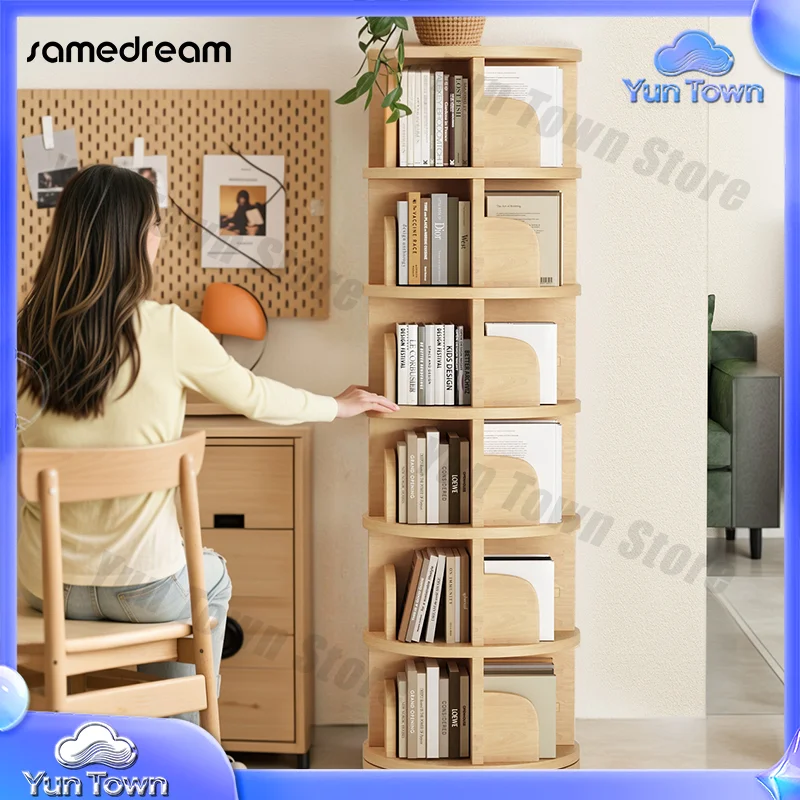 Modern Solid Wood Rotating Floor-to-Ceiling Bookshelf with 5 Shelves for Living Room Free-Standing Student Bookcase