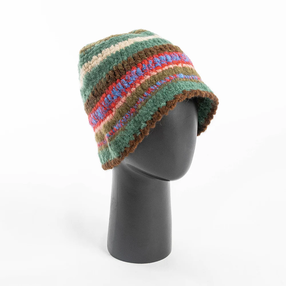 Hand Woven Hat Colourful Knitted Bucket Hat for Winter Hand Crochet Hat
