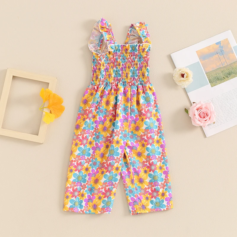 Toddler Baby Girl Summer Outfit Ruffle Sleeveless Romper Smocked Floral Jumpsuit Playsuit Suspender Pants