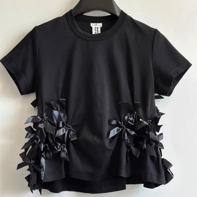 

2025 Summer New Asymmetrical Bow Short Sleeve Cotton T Shirt Women Fashion Round Neck Top