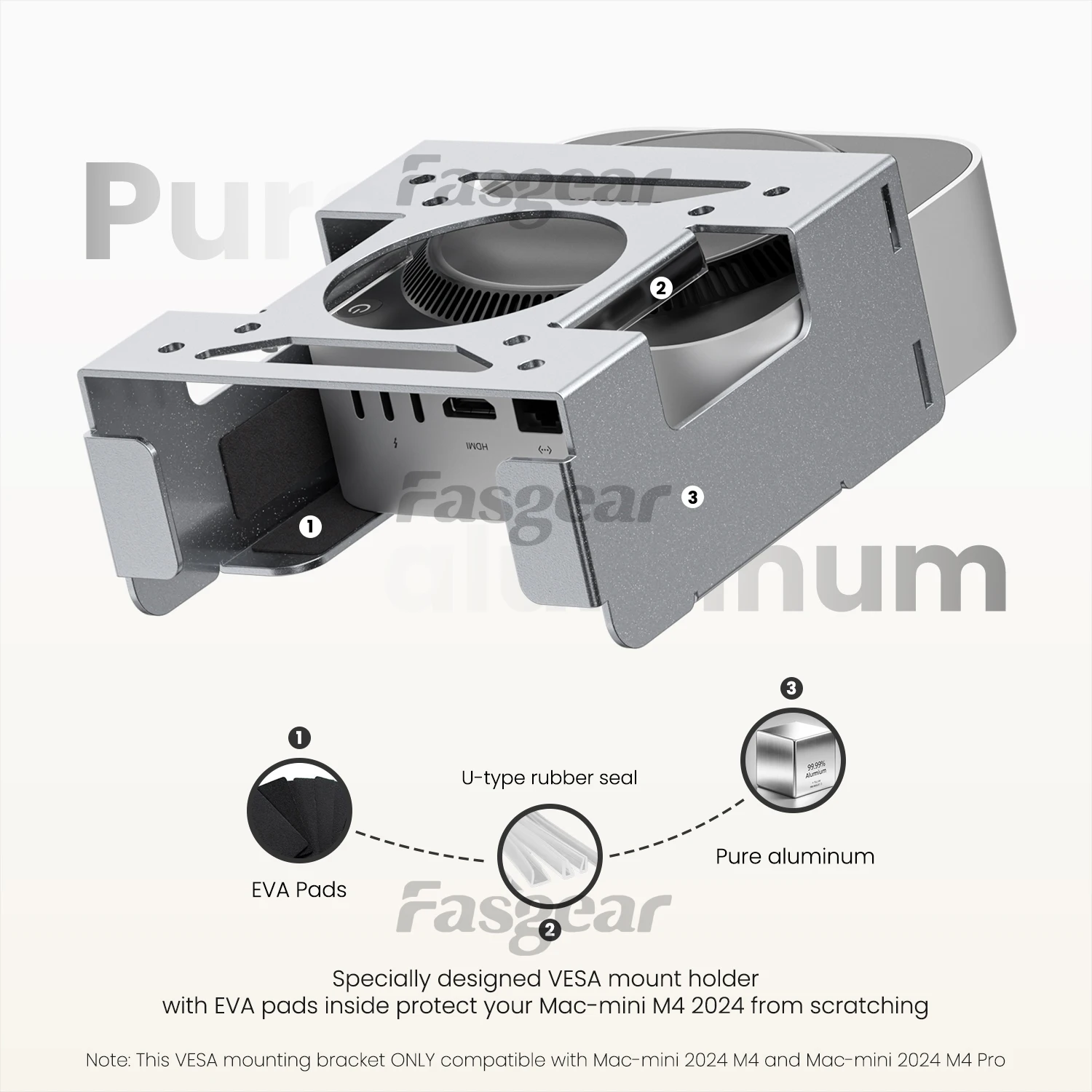 Fasgear Pure Aluminum Metal VESA Mount for Mac-mini M4 2024, Monitors Mounting Bracket for Under Desk with Anti-theft Function