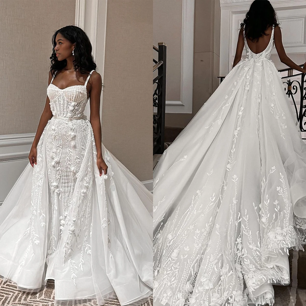 Real Photo Elegant Wedding Dresses With Backless New 3D-Flower Bridal Gown Tulle Lace Detachable Tail Robe De Vestido Customized