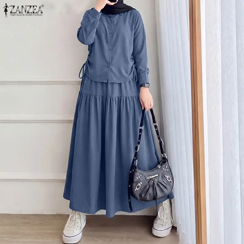 2026 ZANZEA Muslimische Damen 2-teilige Sets: Hemdkleid mit Revers und langen Ärmeln, Ramadan-Outfits, einfarbiger Arbeitsrockanzug, Hijab-Trainingsanzug