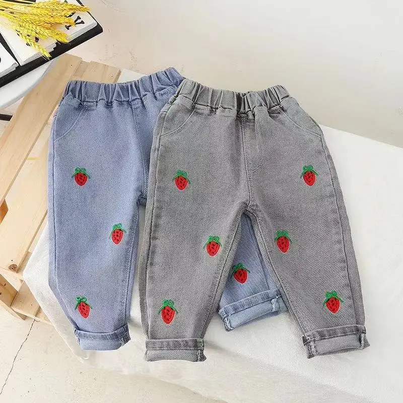 Spring Autumn Children Girl Denim Pants Elastic Waist Strawberry Embroidery Little Girls Pants Exterior Loose Baby Girl Trousers