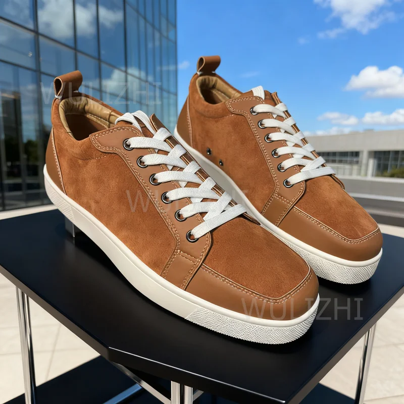 

Suede Leather Brown Men Sneakers Lace-Up Square Toe Flat Fashion White Shoelace Solid Loafers Casual Wedding Party Shoes