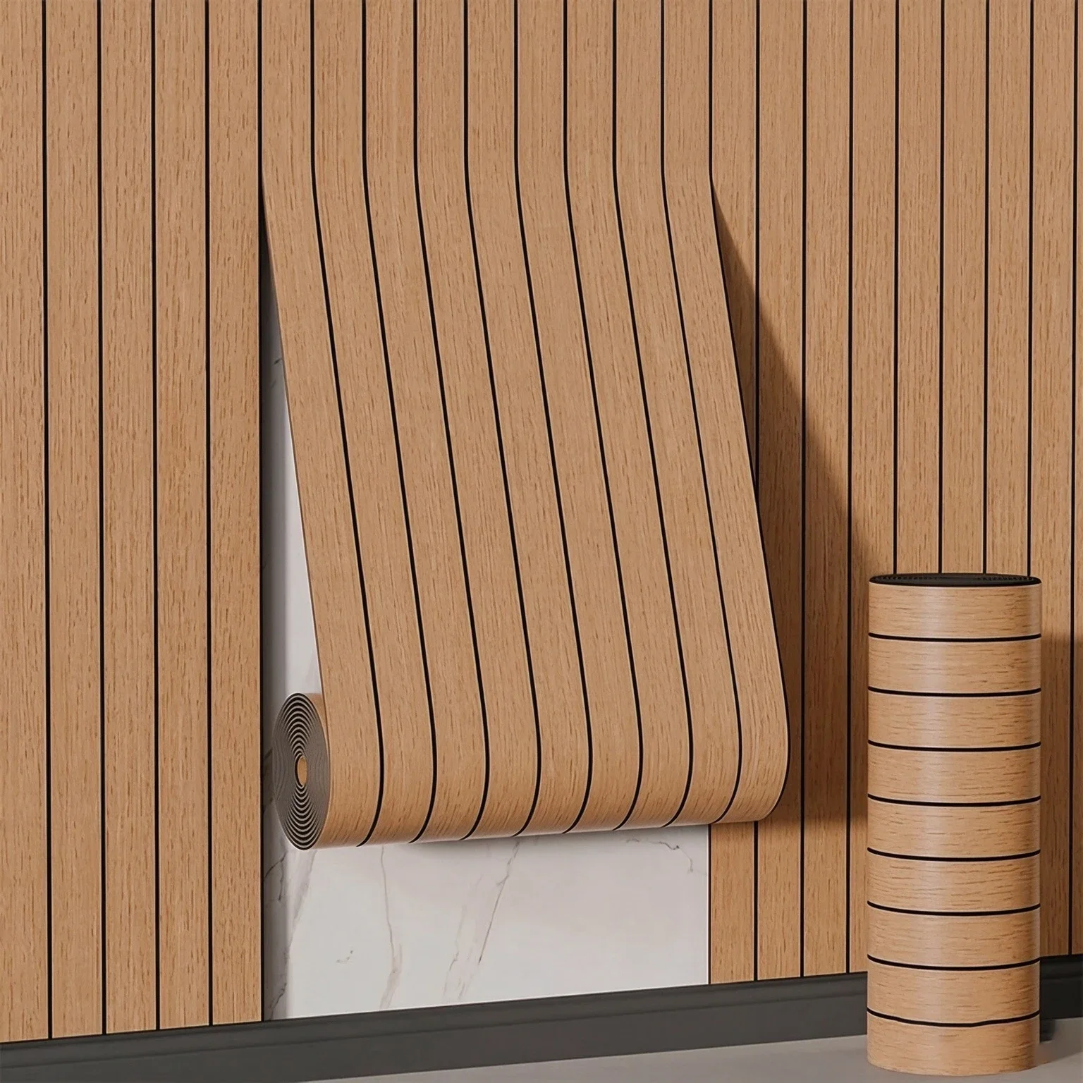 Slat-Style Striped Wallpaper Featuring Realistic Wood Grain Look Suitable For DIY Home Decor TV Feature Wall Application.
