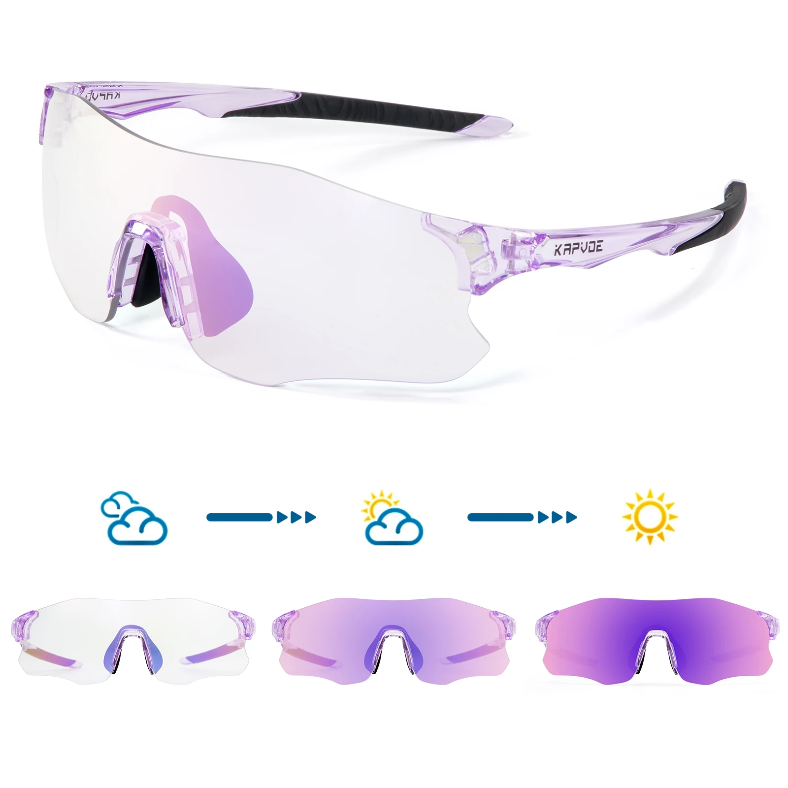 Kapvoe Purple Photochromic Running Sunglasses Outdoor Sports Bike Marathon Cycling Glasses Mountain Bicycle Goggles Eyewear