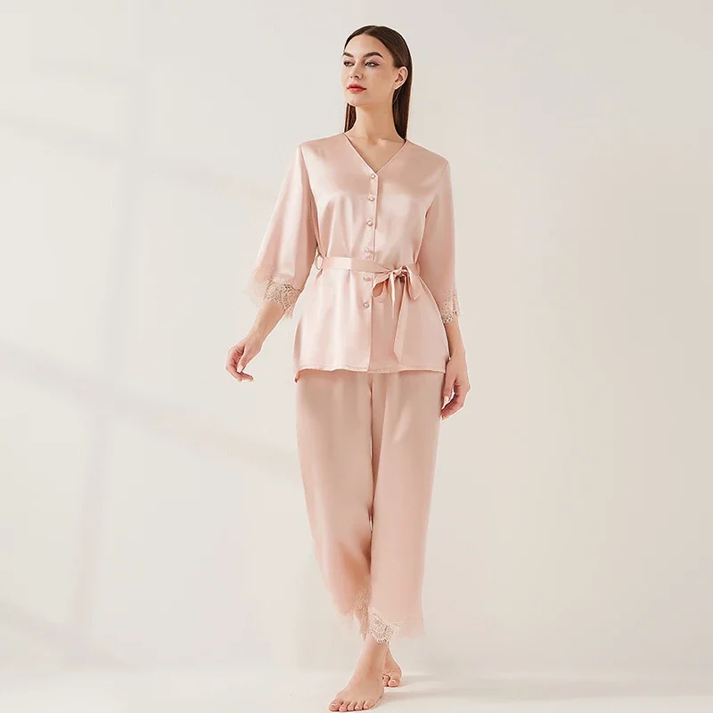 Heavyweight Mulberry Silk Pajamas Set V-neck Lace Trim Cardigan Trousers Sleepwear PJ Tie-waist Elegant Women's Pajama Nightwear