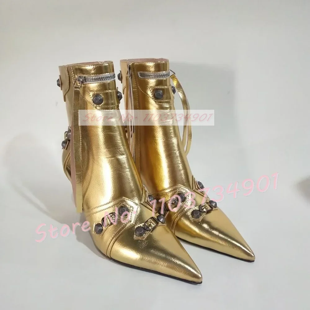 Silver Rivets Zipper Ankle Boots Ladies Pointed Belt Buckle Thin High Heel Shoes Women Trendy Sexy Slim Chic Shiny Leather Boots