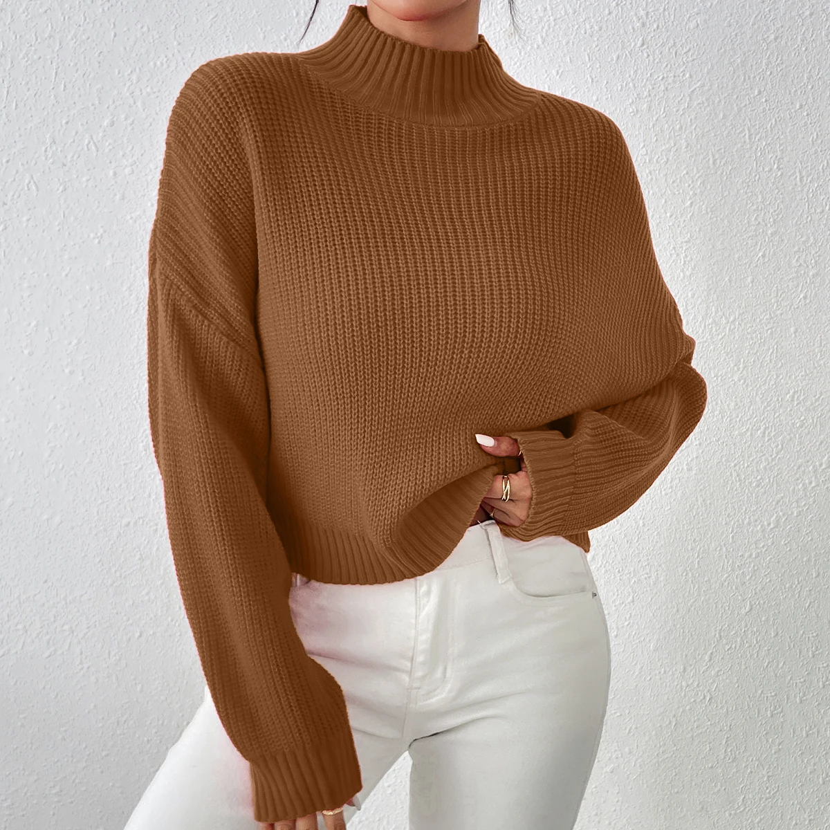 Solid Turtle Neck Pullover Sweater, Casual Long Sleeve Button, Women\'s Clothing,sueteres para mujeres