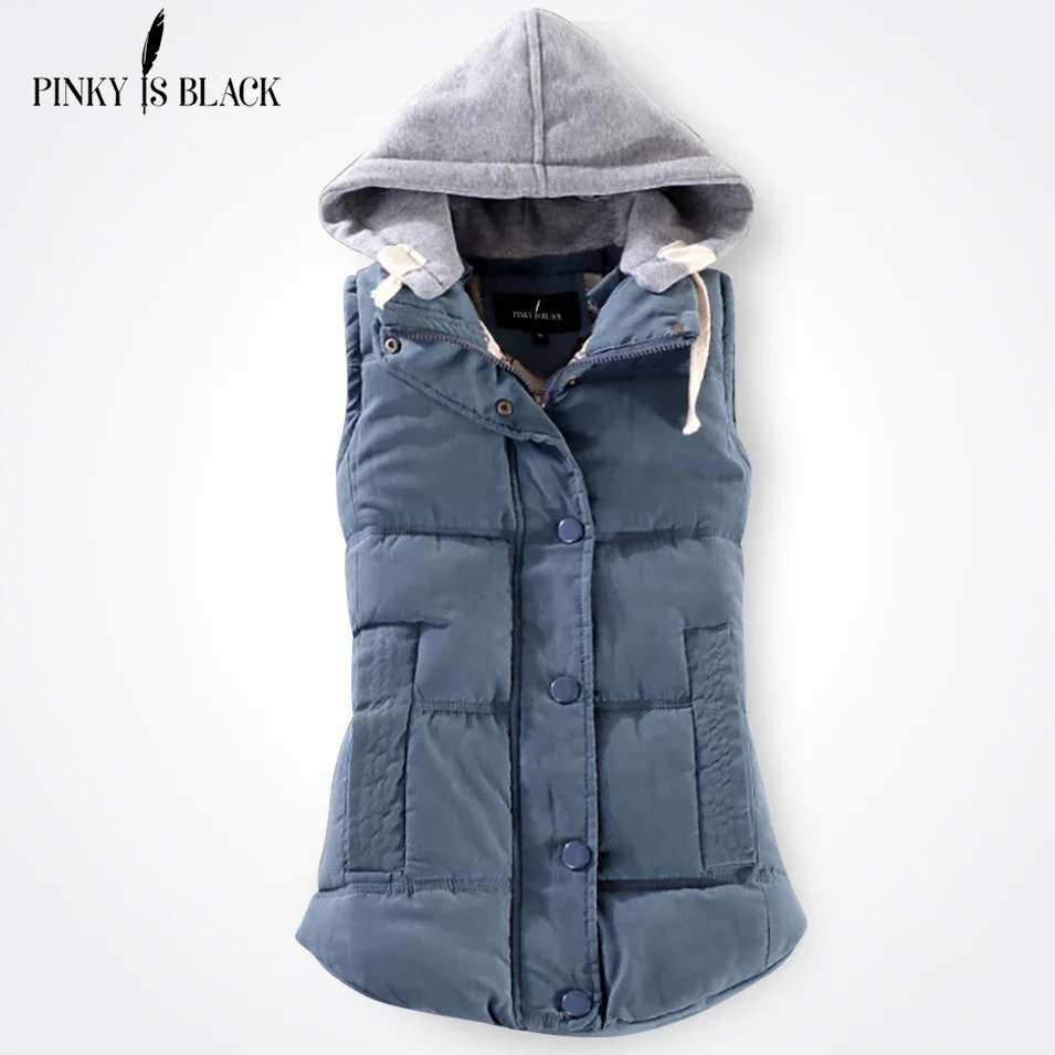 PinkyIsBlack Autumn Winter Fashion Cotton Vest Women Patchwork Sleeveless Hooded Collar Casual Coat Colete Feminino Waistcoat