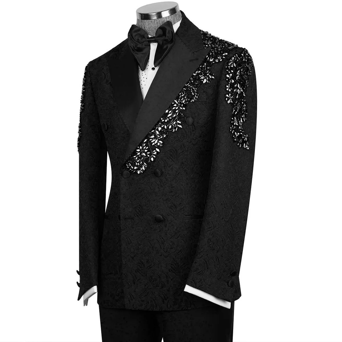 Customized Luxury Men Suits Handsome Metal Embellished Beaded Peaked Lapel Groom Tuxedos 2 Pieces Sets Party Prom Blazer Homme