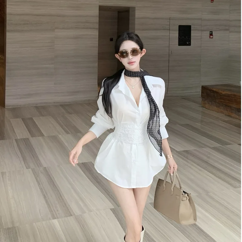 

Retro Lace-Up Waist Long Sleeve Shirt Women's Professional Style Oversized Top Breathable Cotton Collar City Walk Shirt