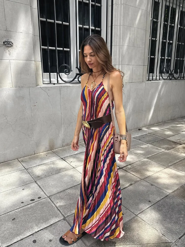 Casual Summer V Neck Color Collision Lady Long Dress Chic Pleated Vintage Belt Design Maxi Robe 2025 New Style Retro Street Wear