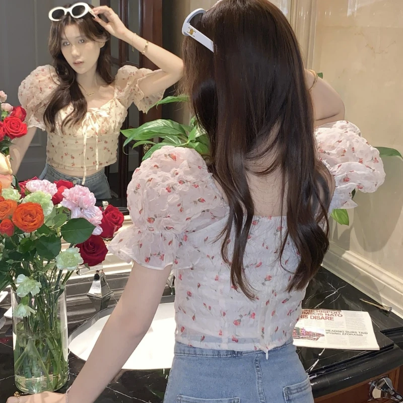 Puff Sleeve Blouses Women Hotsweet Floral Young Beach Style Casual Y2k Tops Fashion Summer Ulzzang Daily Ins All-match Simple