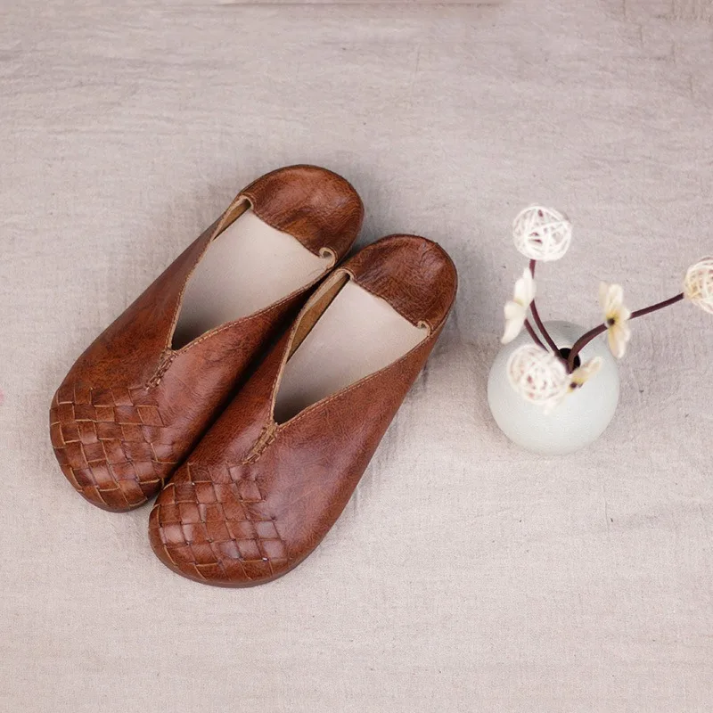 Birkuir weave Flats Shoes Retro Closed Toe Slippers For Women Round Toe Loafers Slip On Low Heels Genuine Leather Soft Soles