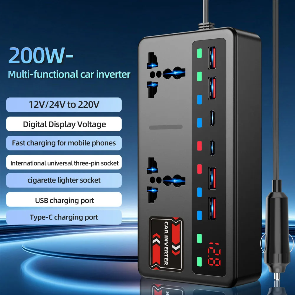 Portable Car Inverter 12V to 110V / 24V to 220V Outlet Adapter with 4 USB Ports Fast Charging Car Charger for Auto Truck SUV RV