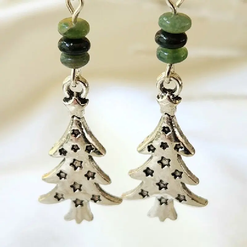 2 Pcs Fashion Star Creative Christmas Tree Natural Stone Silver Color Dangle Earrings Women Party Celebrate Christmas Jewelry