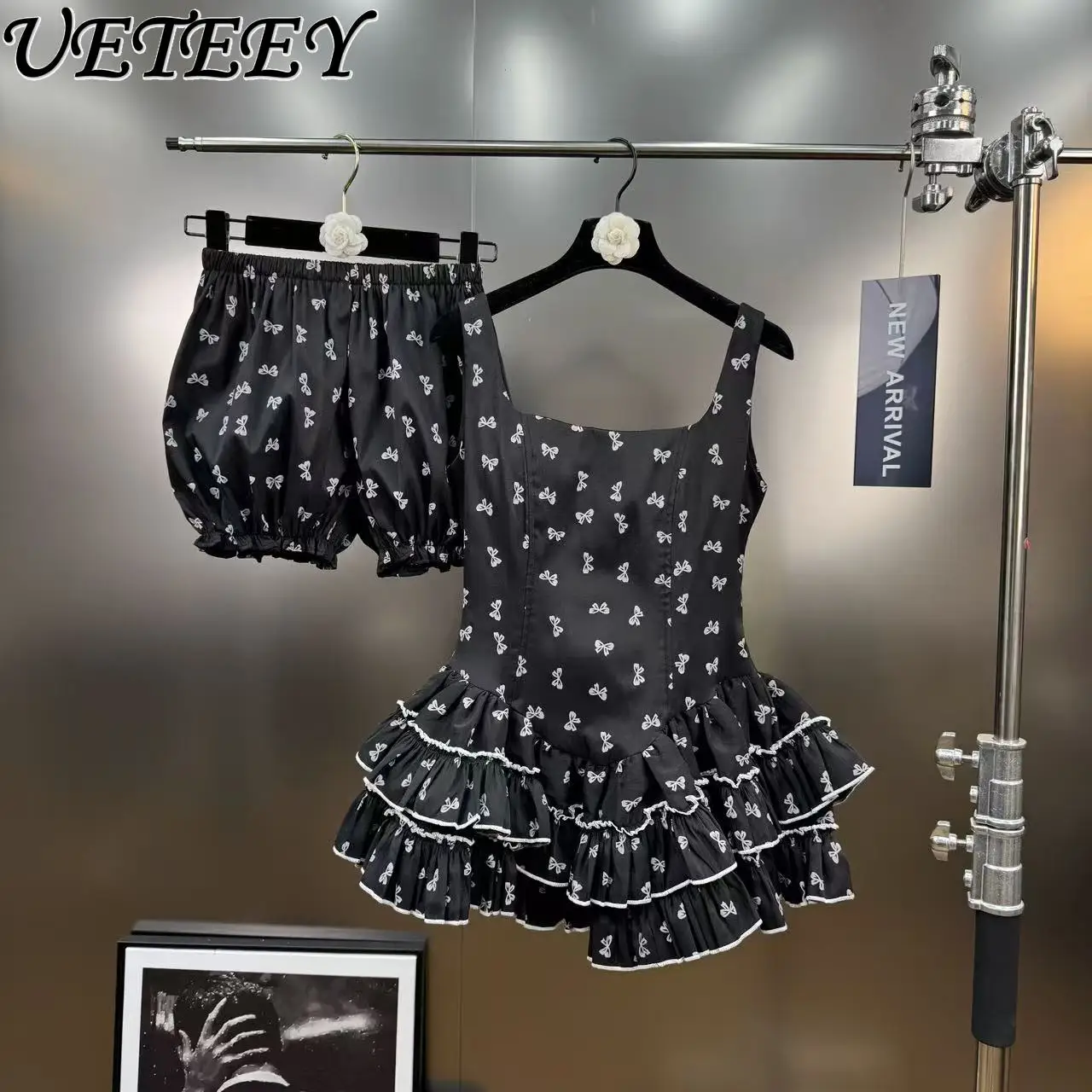 

Новое летнее пышное мини-платье в стиле ретро с квадратным вырезом и бантом в стиле горячих девушек и шорты с эластичной резинкой на талии, комплект из двух предметов