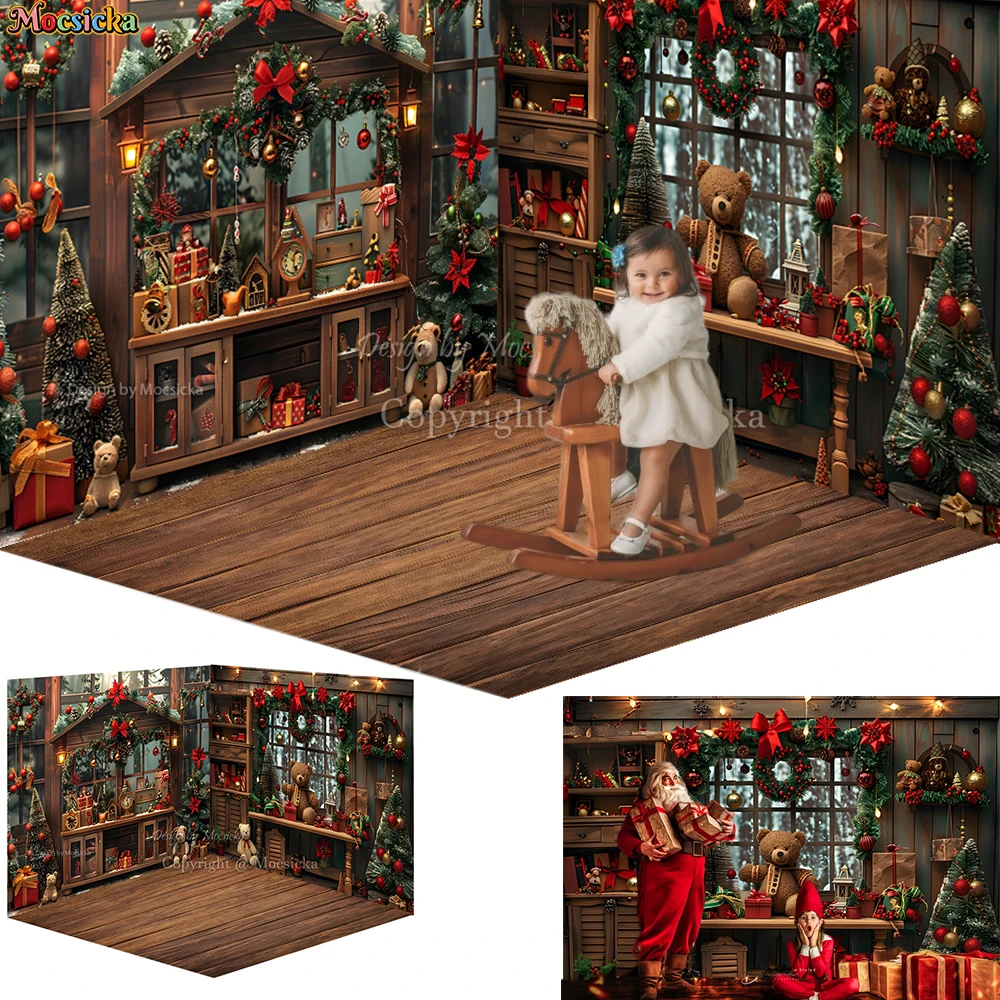 

Kids Christmas Night Photography Background Red Xmas Flower Santa Claus Workshop Backdrop Gift Wooden House Window 3D Photozone