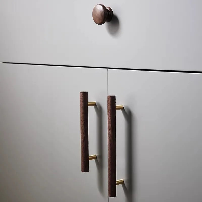 Nordic Wooden Long Drawer Knobs T Bar Handle Walnut Cupboard Pulls Furniture Decorate Pulls and Knob Kitchen Cabinet Door Handle