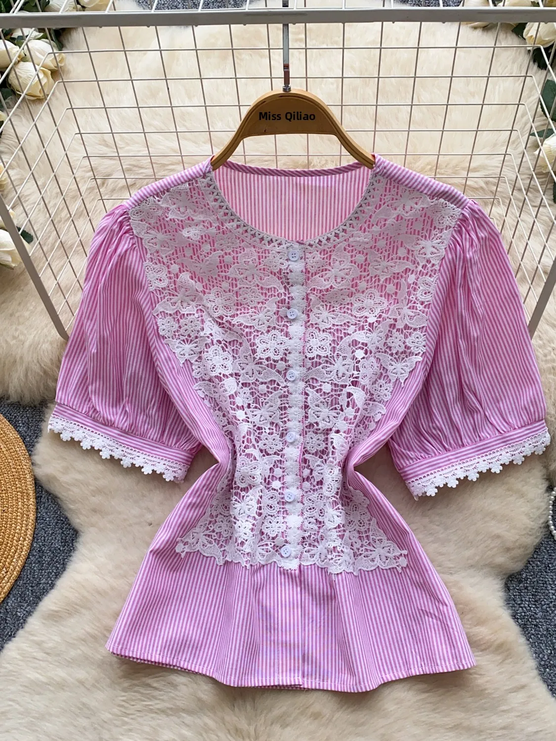 

Lace Patchwork Striped Short Sleeve Women's Shirt Summer Korean Style Waist Cinched Commute Style Top Breathable Skin-Friendly