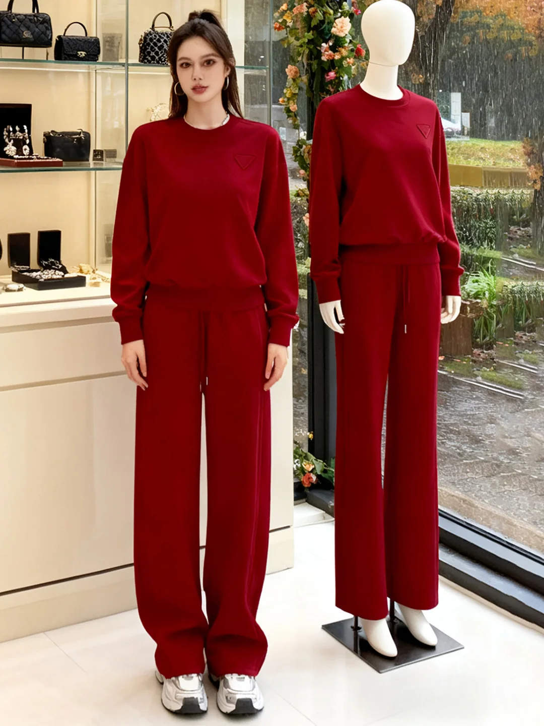

Элегантный красный повседневный спортивный костюм для женщин: модный корейский стиль, свитшот и брюки с широкими штанинами, комплект из двух предметов