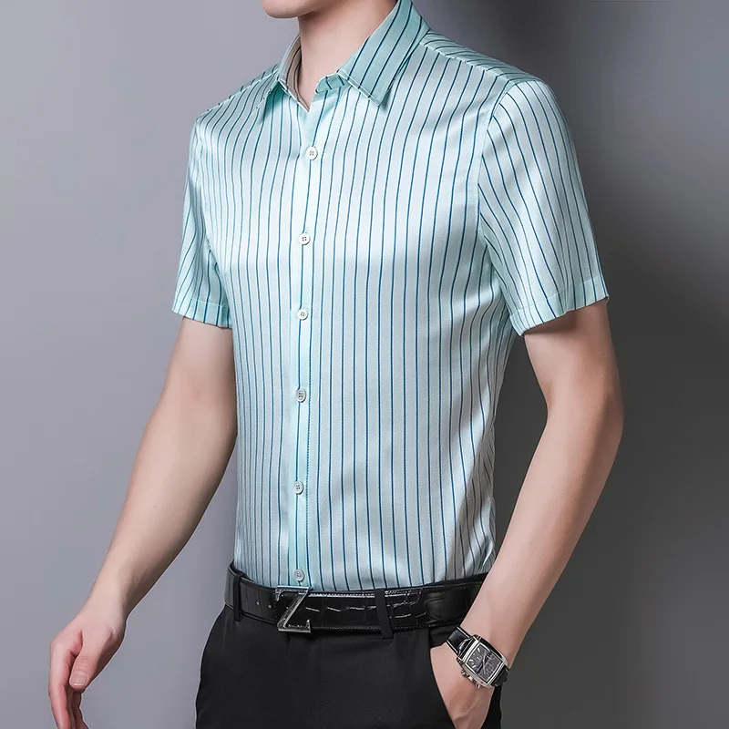 Light Green Stripe Real Silk Men Shirt Short Sleeve Fashion Slim Summer Quality Silky Cool Soft Comfortable Casual Chemise Homme