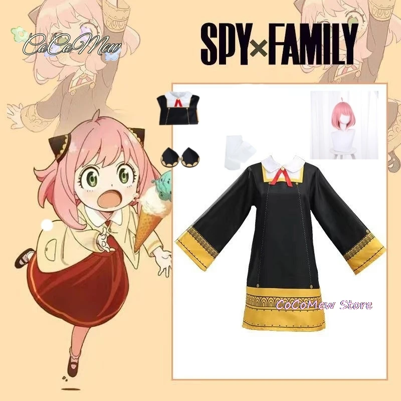 Anya Forger Cosplay Costume para adultos e crianças, vestido preto, uniforme, peruca rosa, meias, roupa de festa, Spy X Family, Anime, Meninas