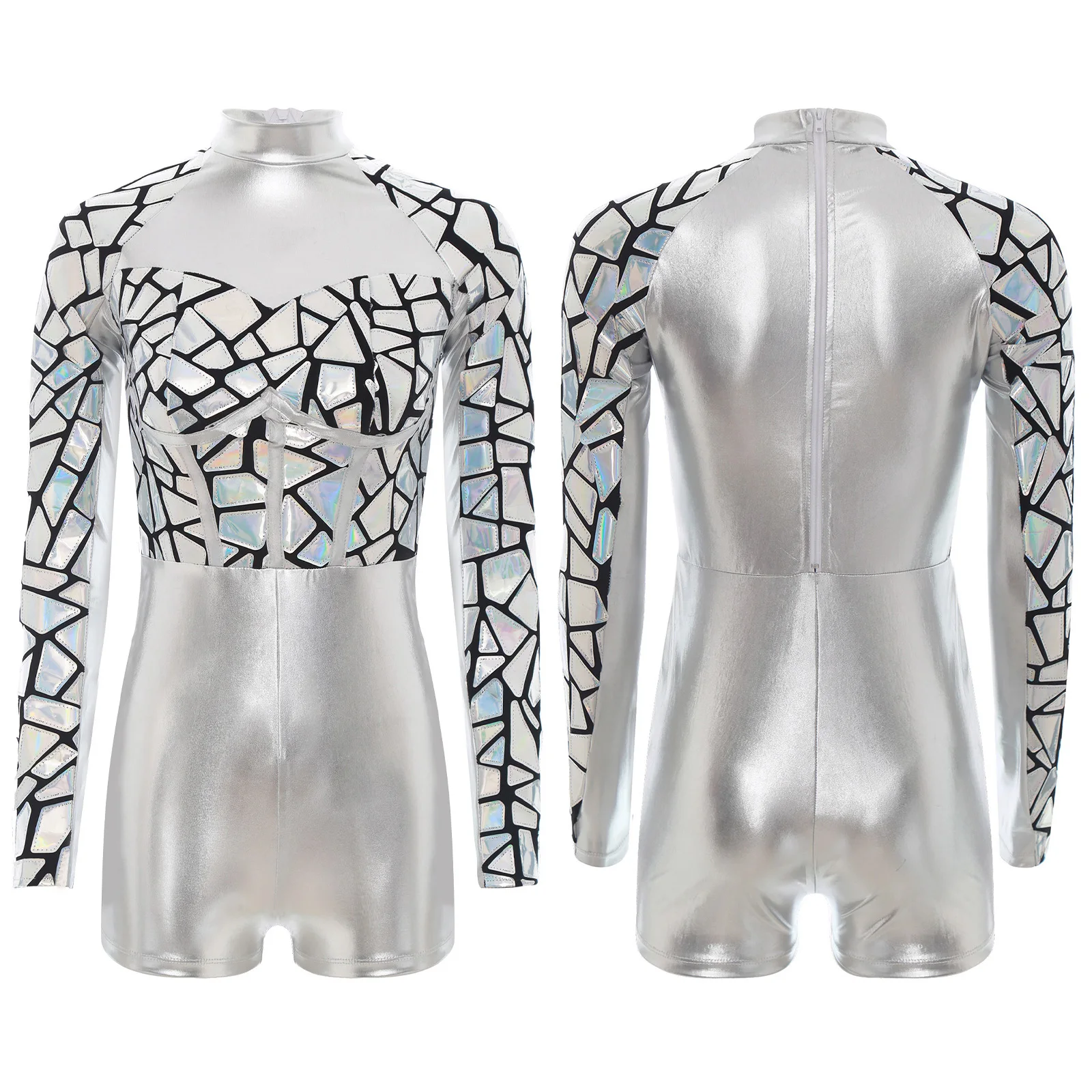 Mono de Cosplay de astronauta alienígena y galaxia para Halloween, moda femenina, manga larga, decoración de espejo metálico, mono de baile para fiesta y Club