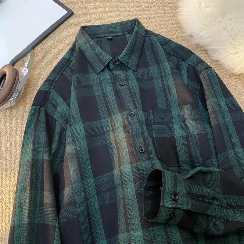 Boyfriend Button Long Sleeve Turn-down Collar Checkered Men's Clothing Spring Autumn Contrast Color Cardigan Shirt Coast Tops