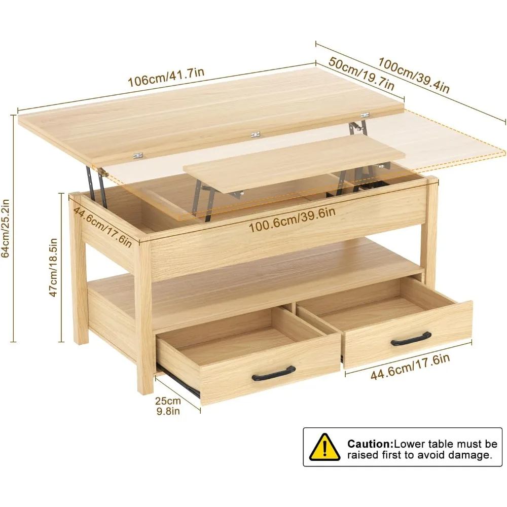 Lift Top Coffee Table, 3-in-1 Multifunctional Coffee Table with Drawers and Hidden Compartments,