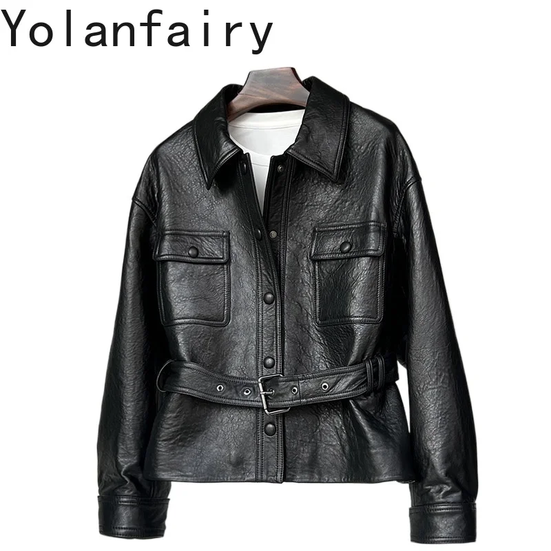 

YOLANFAIRY Women Genuine Top Layer Sheepskin Trench Coat 2026 Tie Waist Belt Real Leather Jacket Elegant Short Coats Outerwear