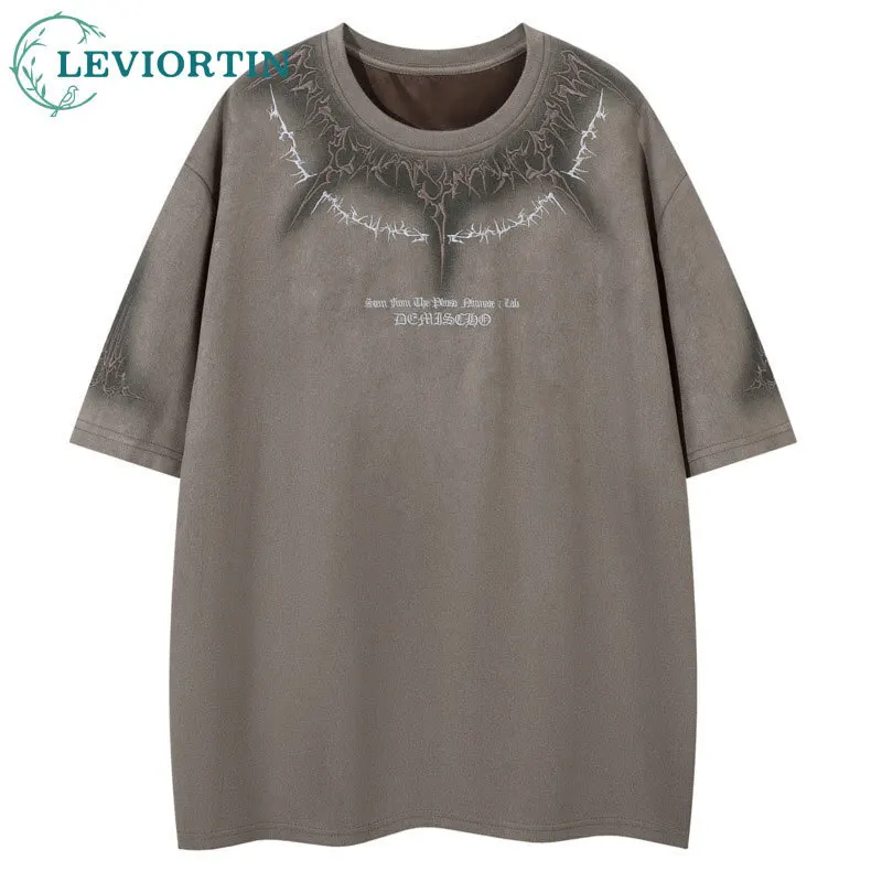 Summer Street Personalized Loose Fashion Trendy Brand Dark Design Embroidered Deer Skin Velvet Short Sleeve Couple T-shirt