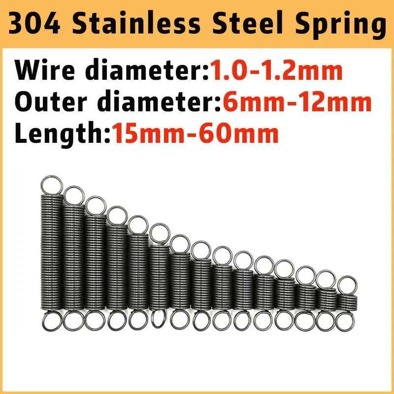 

5Pcs 304 Stainless Steel Wire Diameter 1.0-1.2mm Round Hook Extension Spring Outer Dia 6-12mm Length 15-60mm Tension Spring