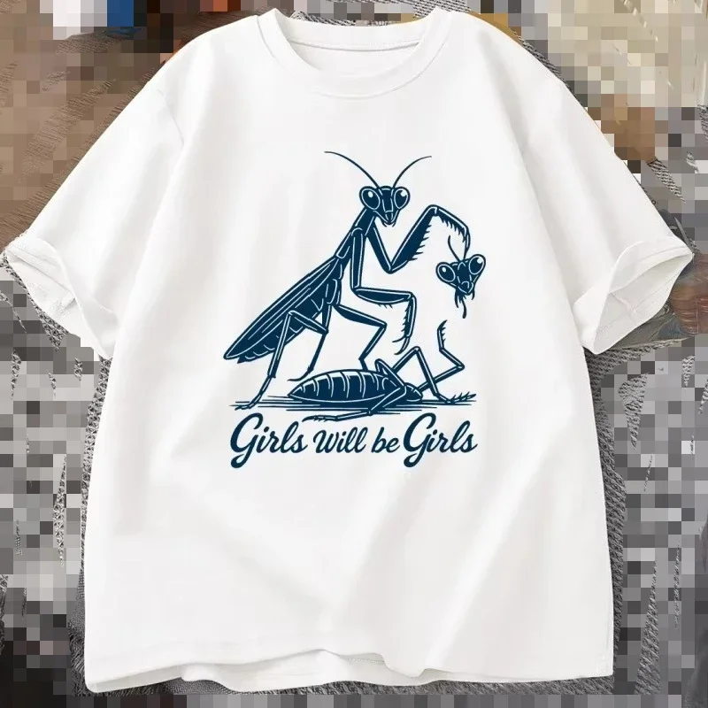 2026NEW Girls Will Be Girls Graphic Sweatshirt, Funny Feminist Tee, Praying Mantis Print Shirt, Casual Statement Top Shirt Y2K