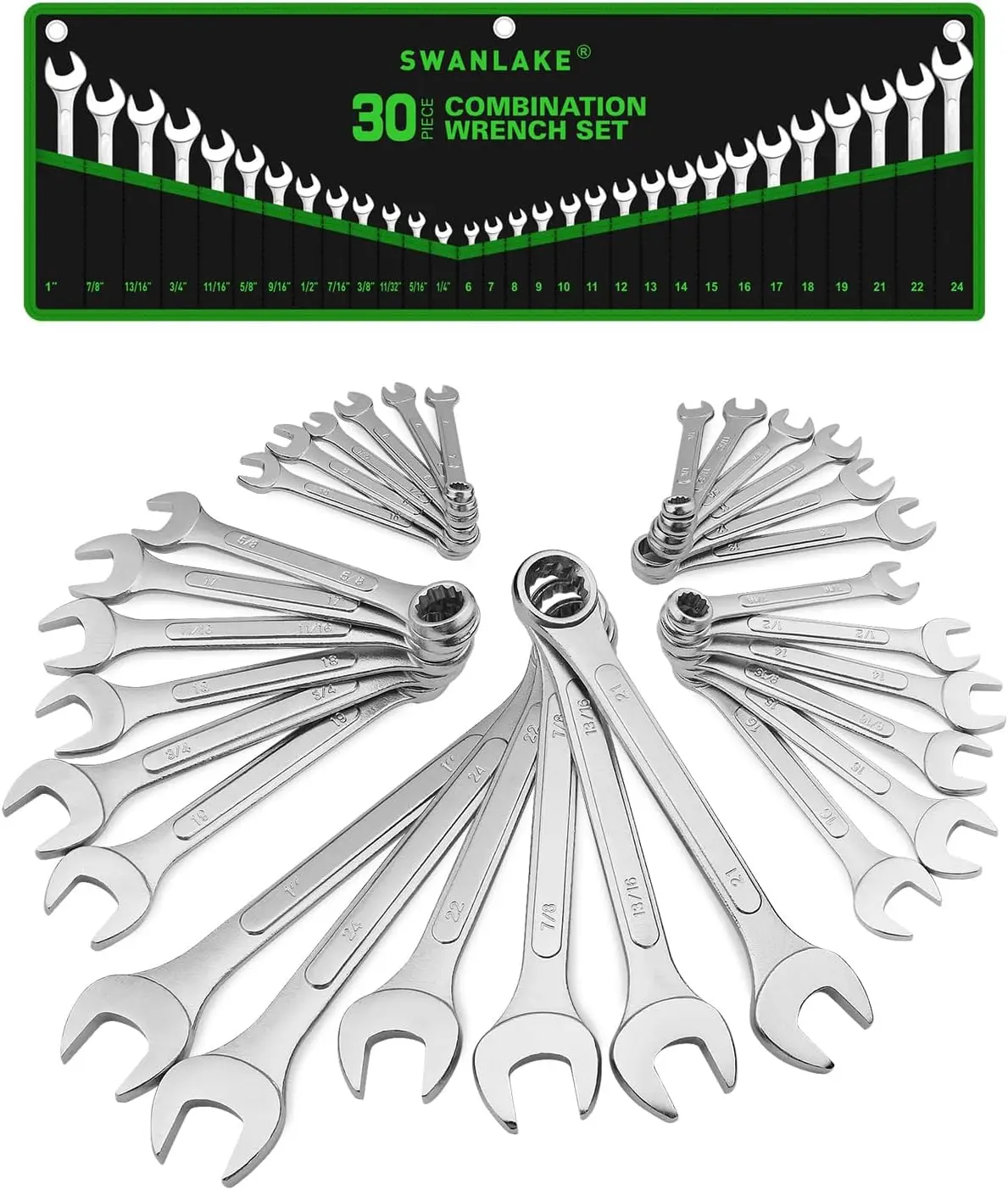 30-Piece Combination Wrench Set, Metric (6 mm-24 mm) and SAE (1 