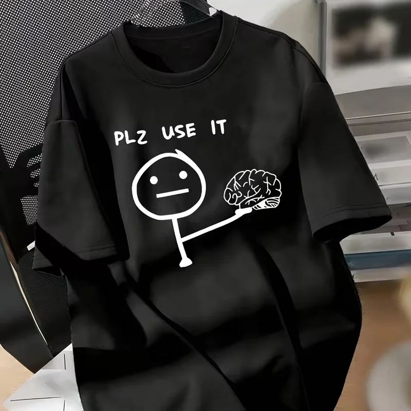 Funny Illustration Brain T-Shirt Humorous Stick Figure Brain Graphic Print Short Sleeve Tee Trendy Minimalist Streetwear Top