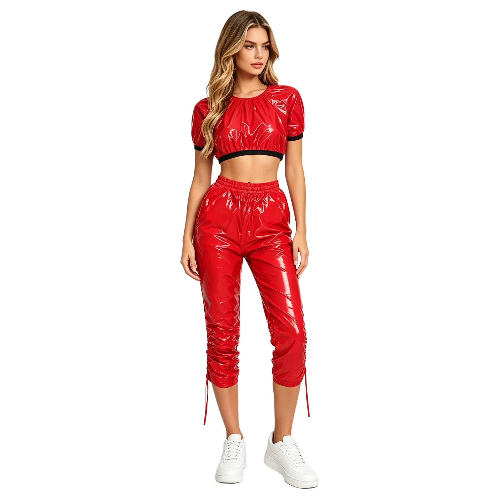 Womens Waterproof Glossy Clubwear Outfit Short Sleeve Crop Top with Elastic Waistband Capri Pants for Workout Fitness Dancing