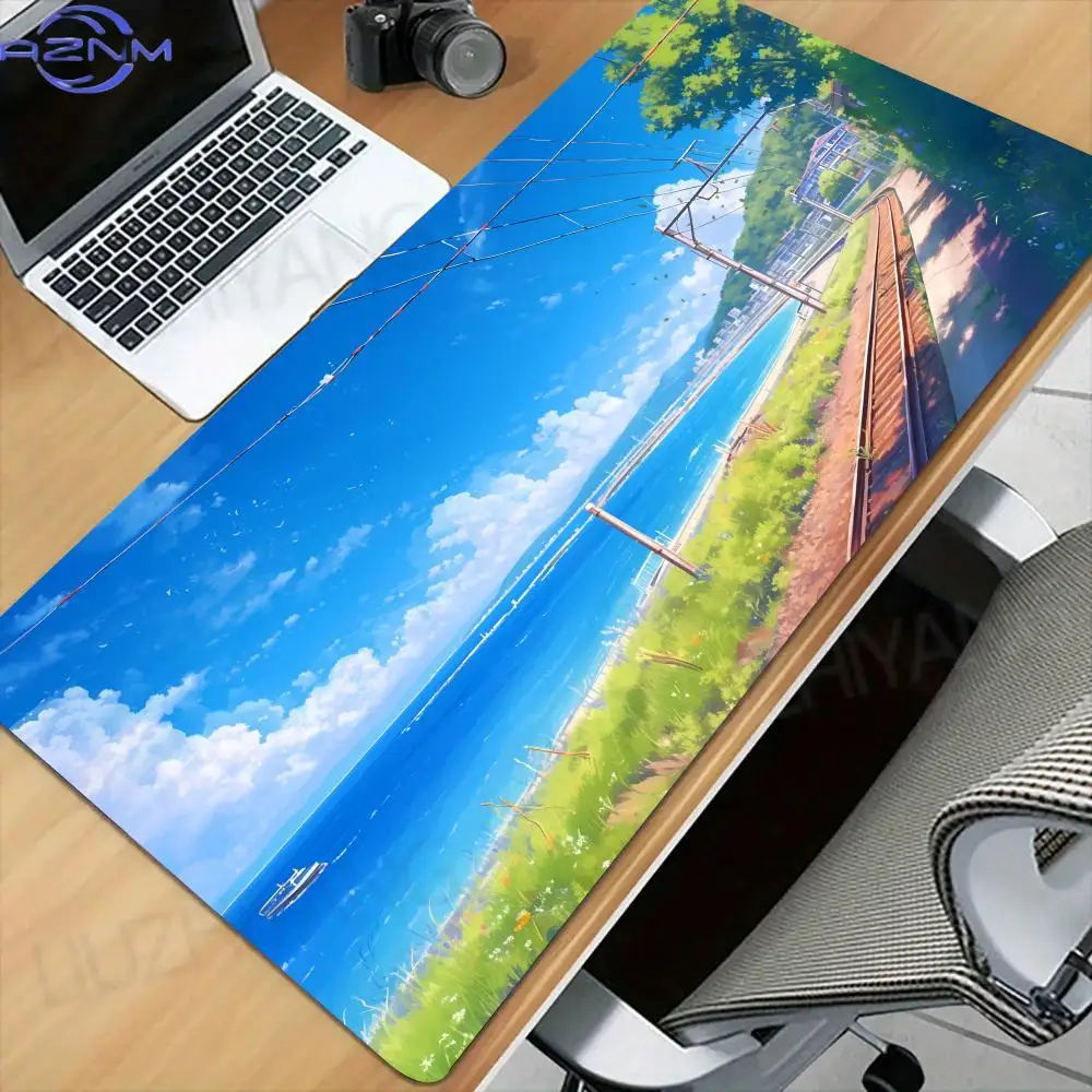 Anime Countryside Scenery Large Desk Mat, Sky Cloud Mountain Road XXL Mouse Pad Non-Slip Stitched Edge Keyboard Gaming Mat