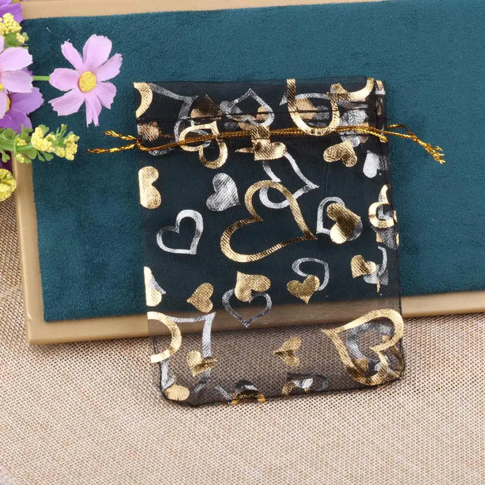 25/50/100pcs/lot Love Heart Organza Gift Bag Gold Color Heart Gifts Pouches For Wedding Party Candy Valentine Day Jewelry Bag